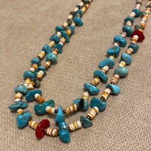 Turquoise, two red coral and Spiny Oyster Heishi